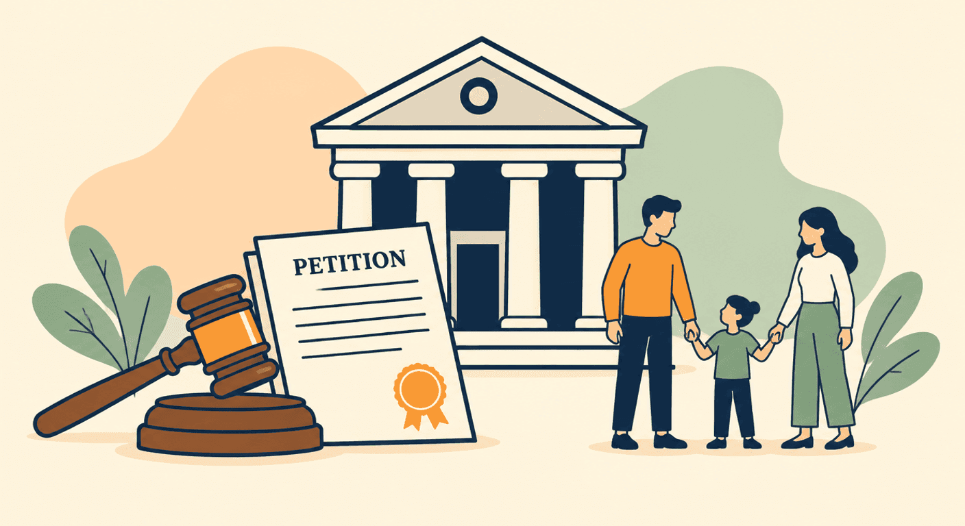 A courthouse, a gavel and a petition with a notary seal