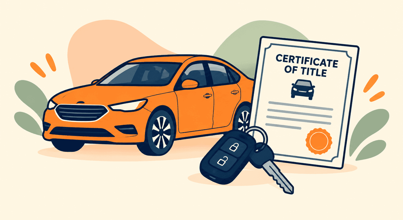 An orange car, car keys and a certificate of title with a notary seal