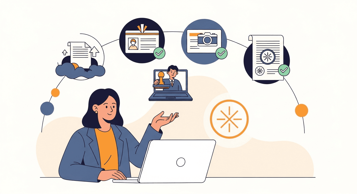 The Rush Notary session flow: upload, ID check, video call, sealed PDF