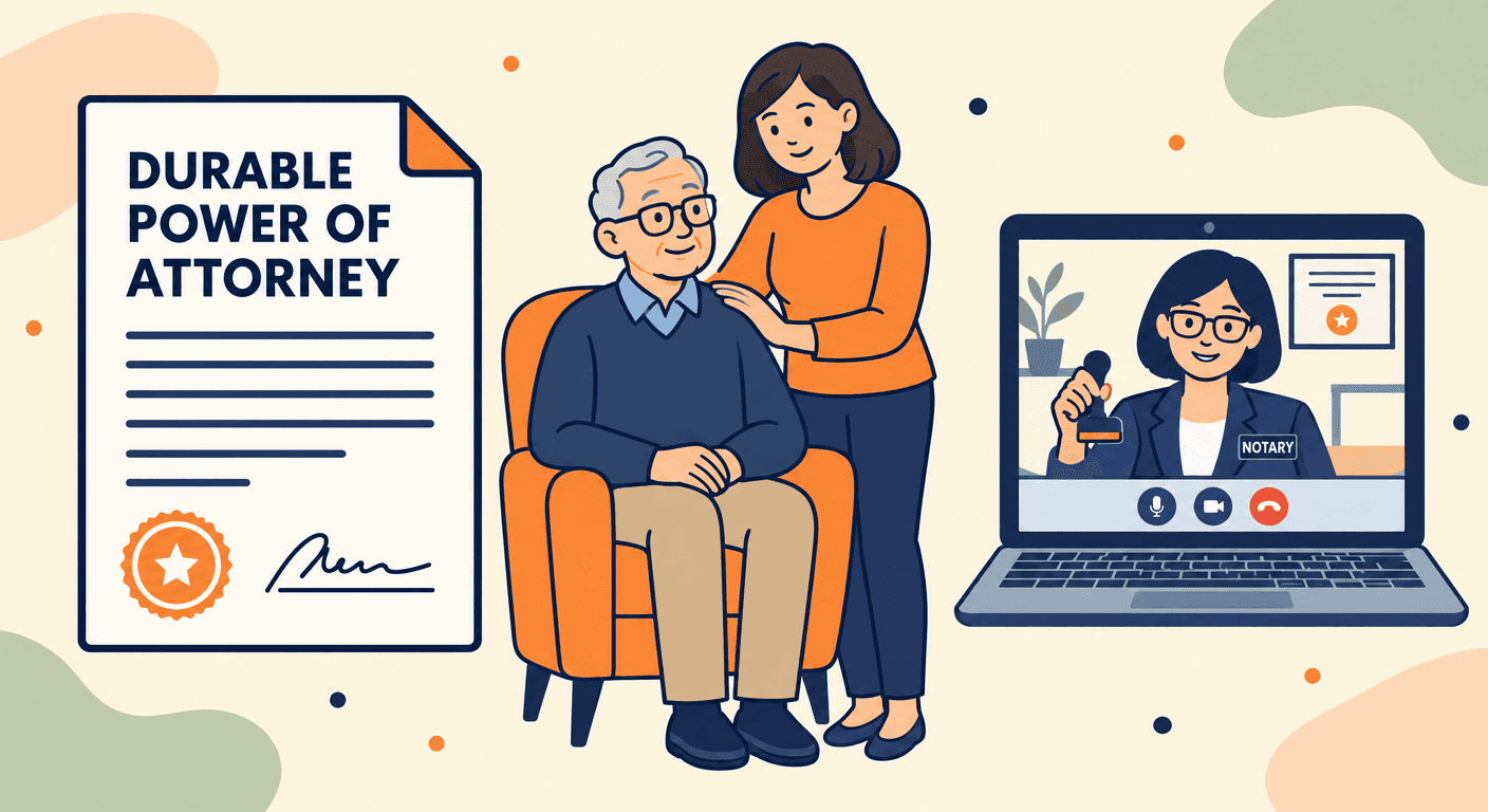 An older man and his adult daughter with a durable power of attorney while a notary joins on a laptop video call