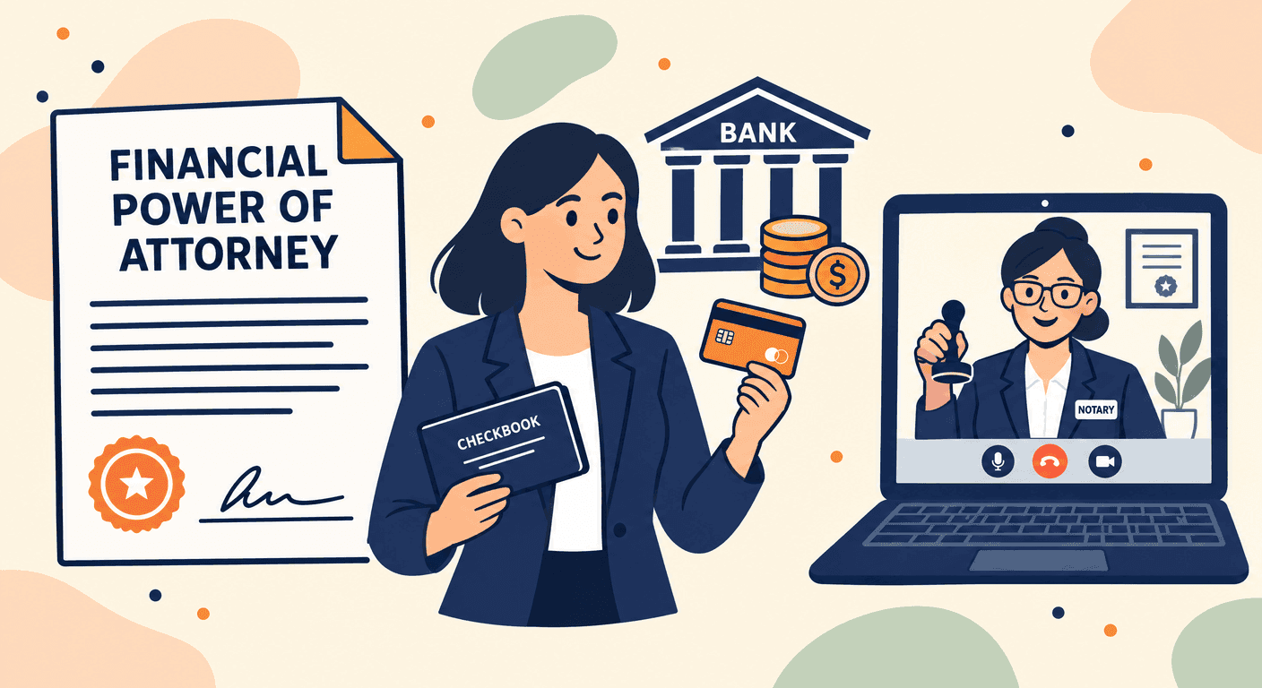 A woman holding a checkbook and bank card beside a financial power of attorney, a bank building and coins, with a notary on video