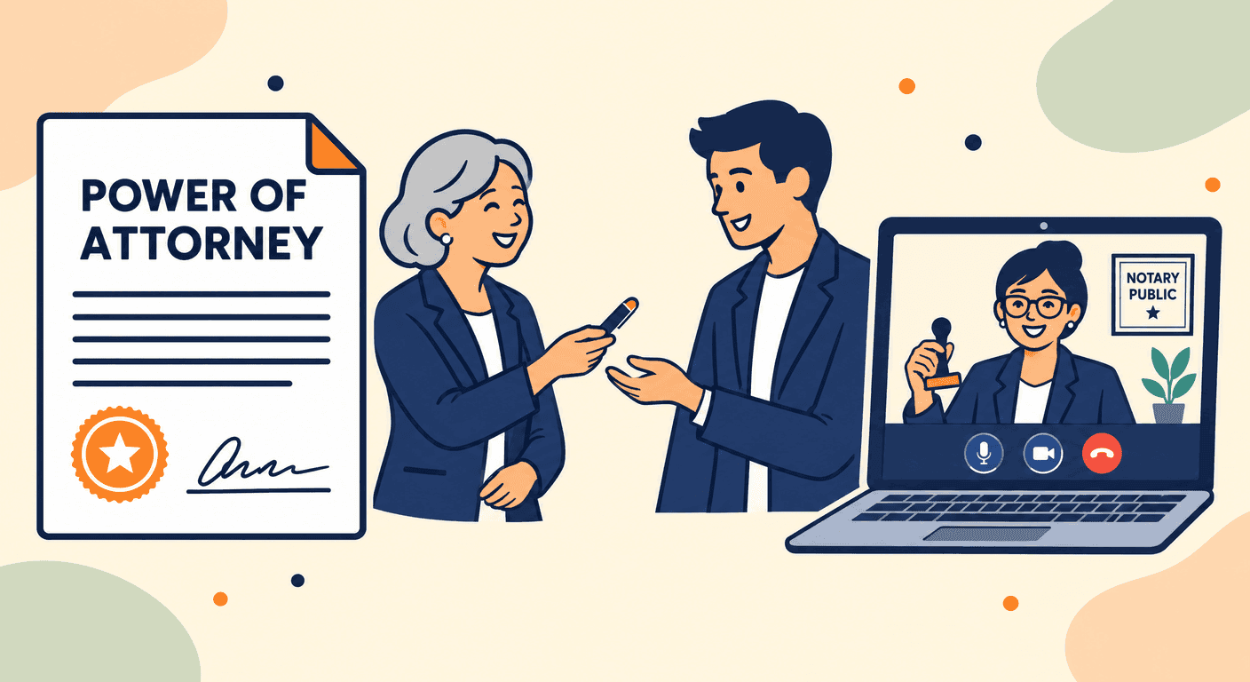 An older woman handing a pen to her adult son in front of a power of attorney, with a notary on a laptop video call