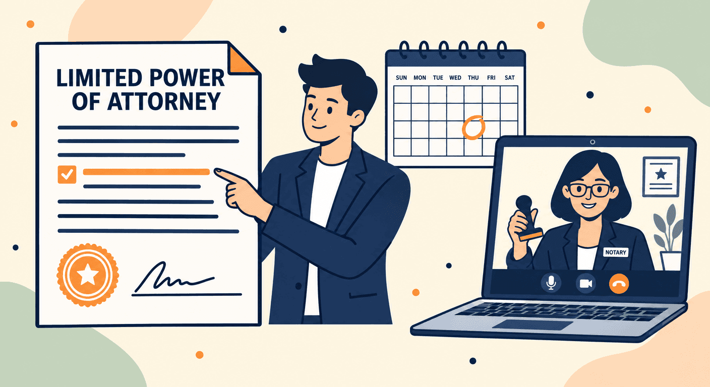 A man pointing at the single authorized task on a limited power of attorney beside a calendar with one date circled