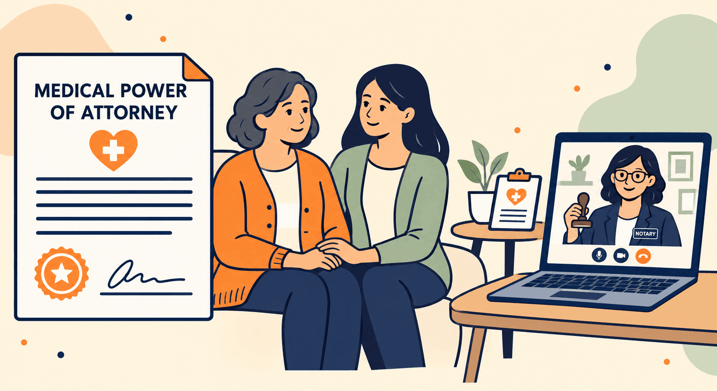 A woman holding her daughter's hand beside a medical power of attorney with a heart icon, with a notary on a laptop video call