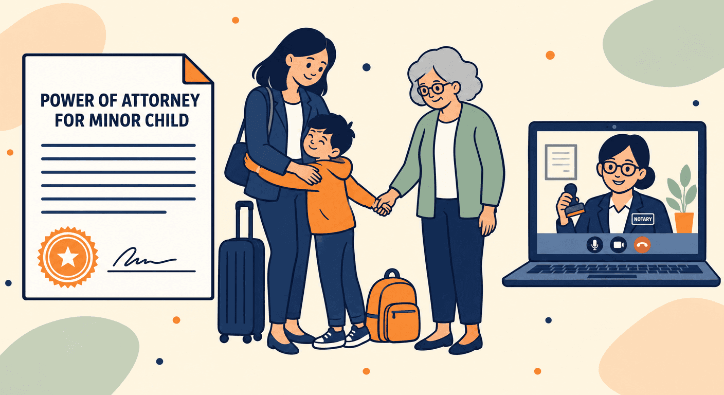 A mother with a suitcase hugging her child while a grandmother holds the child's hand beside a power of attorney for a minor child