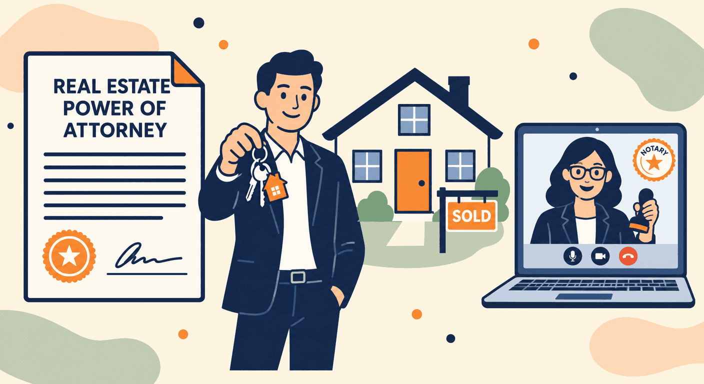 A man holding house keys in front of a house with a sold sign beside a real estate power of attorney, with a notary on video