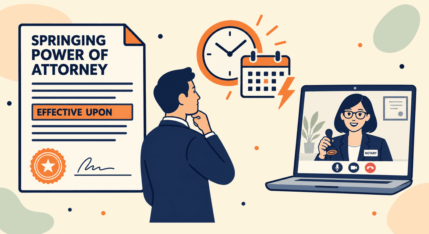 A man looking at a clock and calendar beside a springing power of attorney with an 'effective upon' clause highlighted