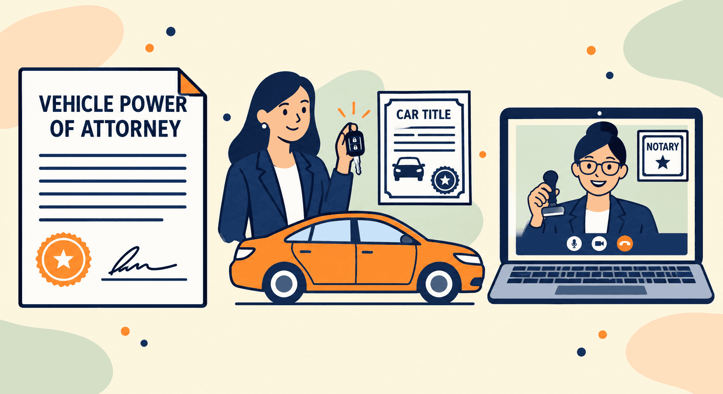 A woman holding a car key beside a vehicle power of attorney and a small orange car, with a notary on a laptop video call