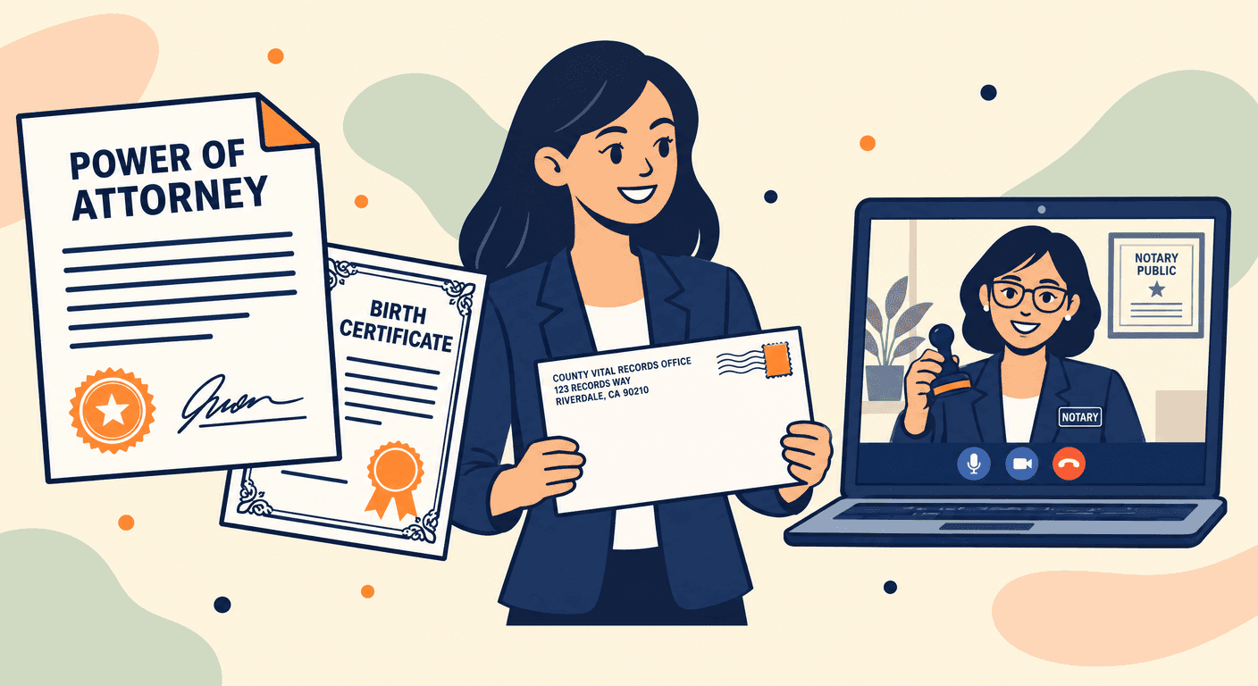 A woman holding an envelope beside a power of attorney overlapping a birth certificate, with a notary on a laptop video call