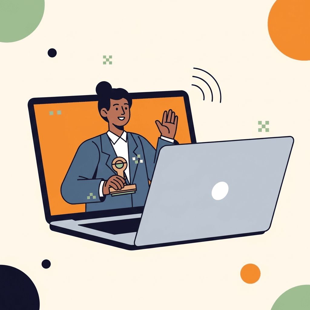 A notary on a video session, stamp in hand