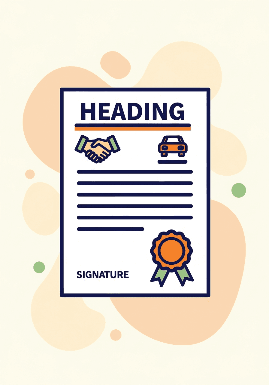 Illustration of a bill of sale with a handshake, car, and notary seal