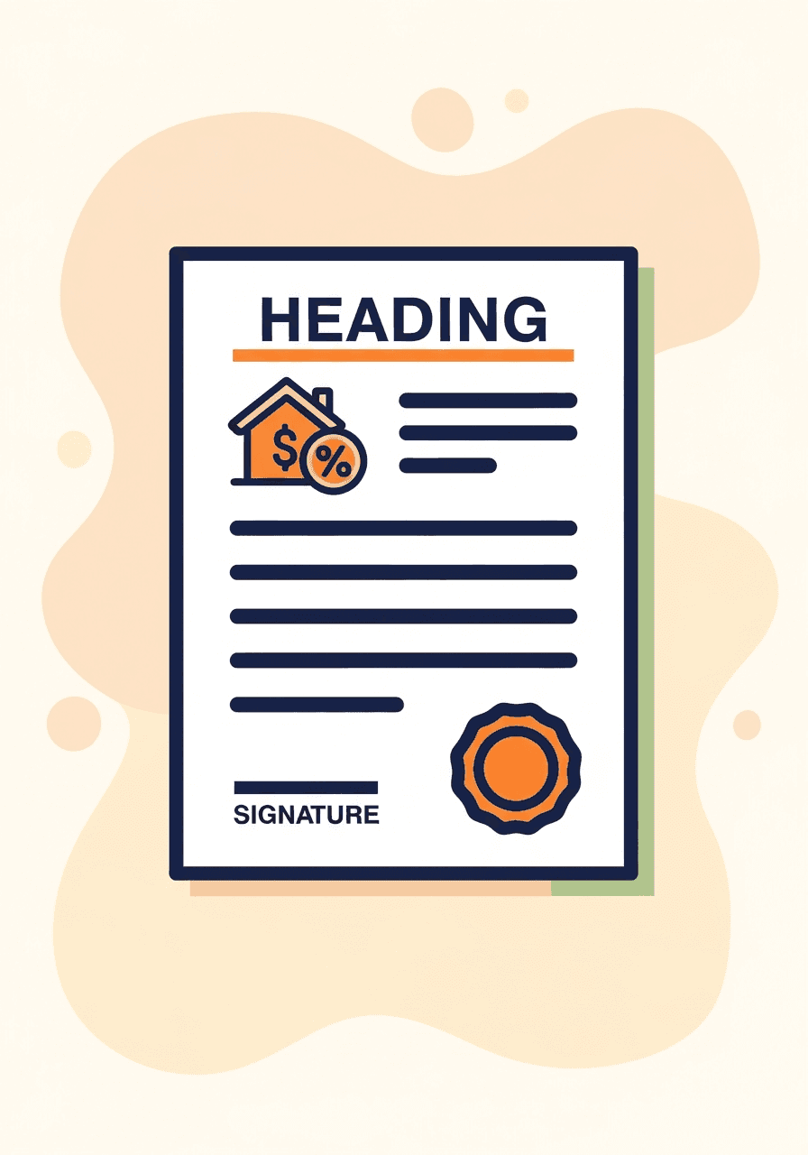 Illustration of loan and mortgage documents with a house and notary seal