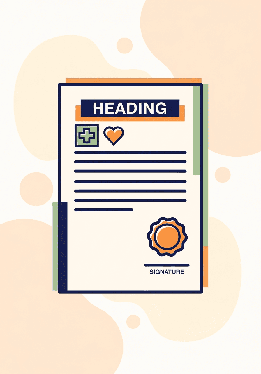 Illustration of a medical authorization form with a medical cross and notary seal