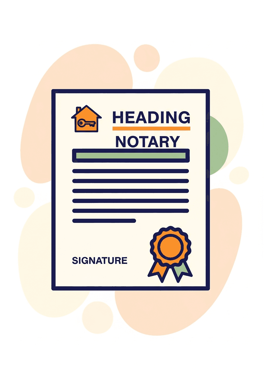 Illustration of a real estate deed with a house, key, and notary seal