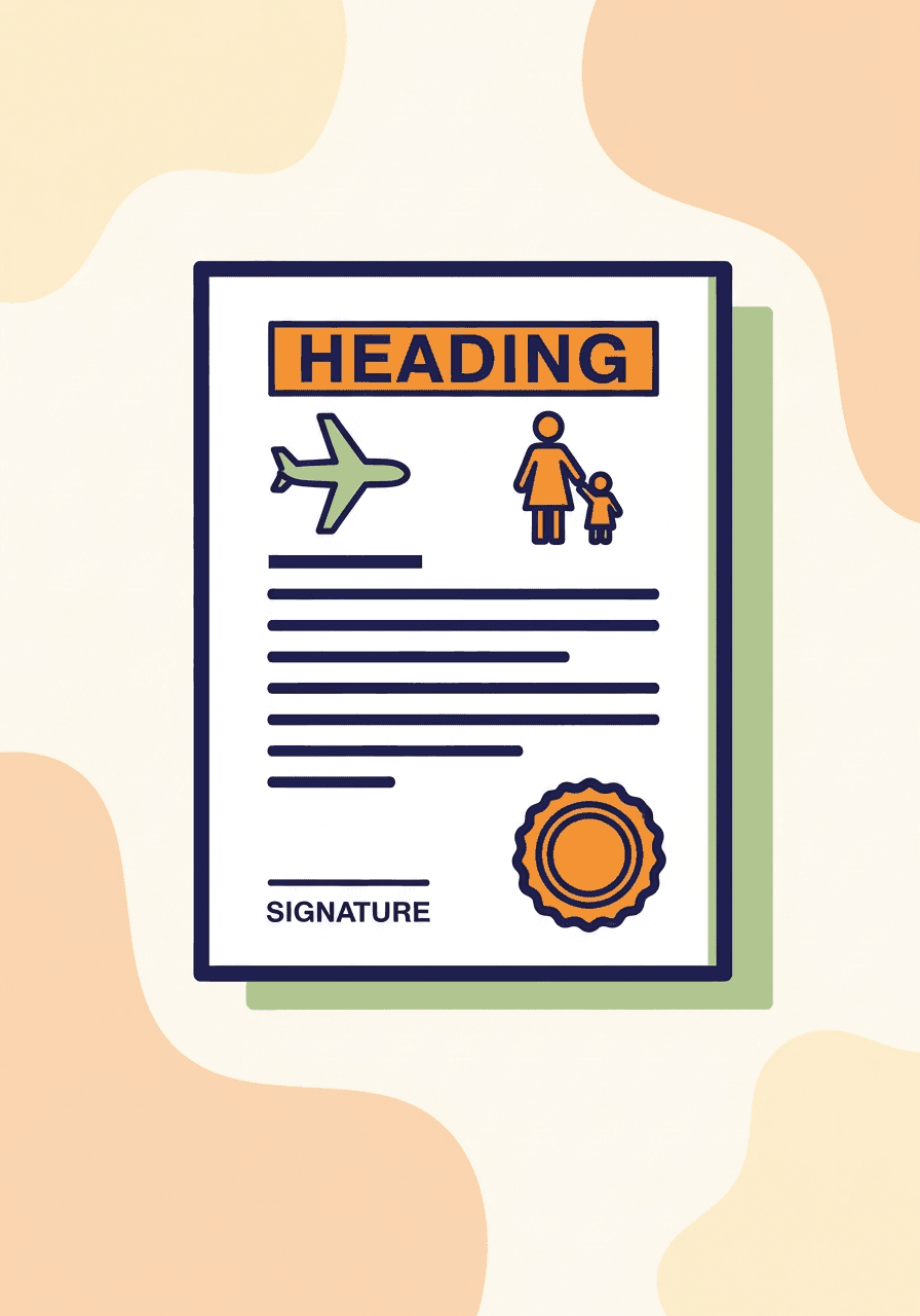Illustration of a child travel consent form with an airplane and notary seal
