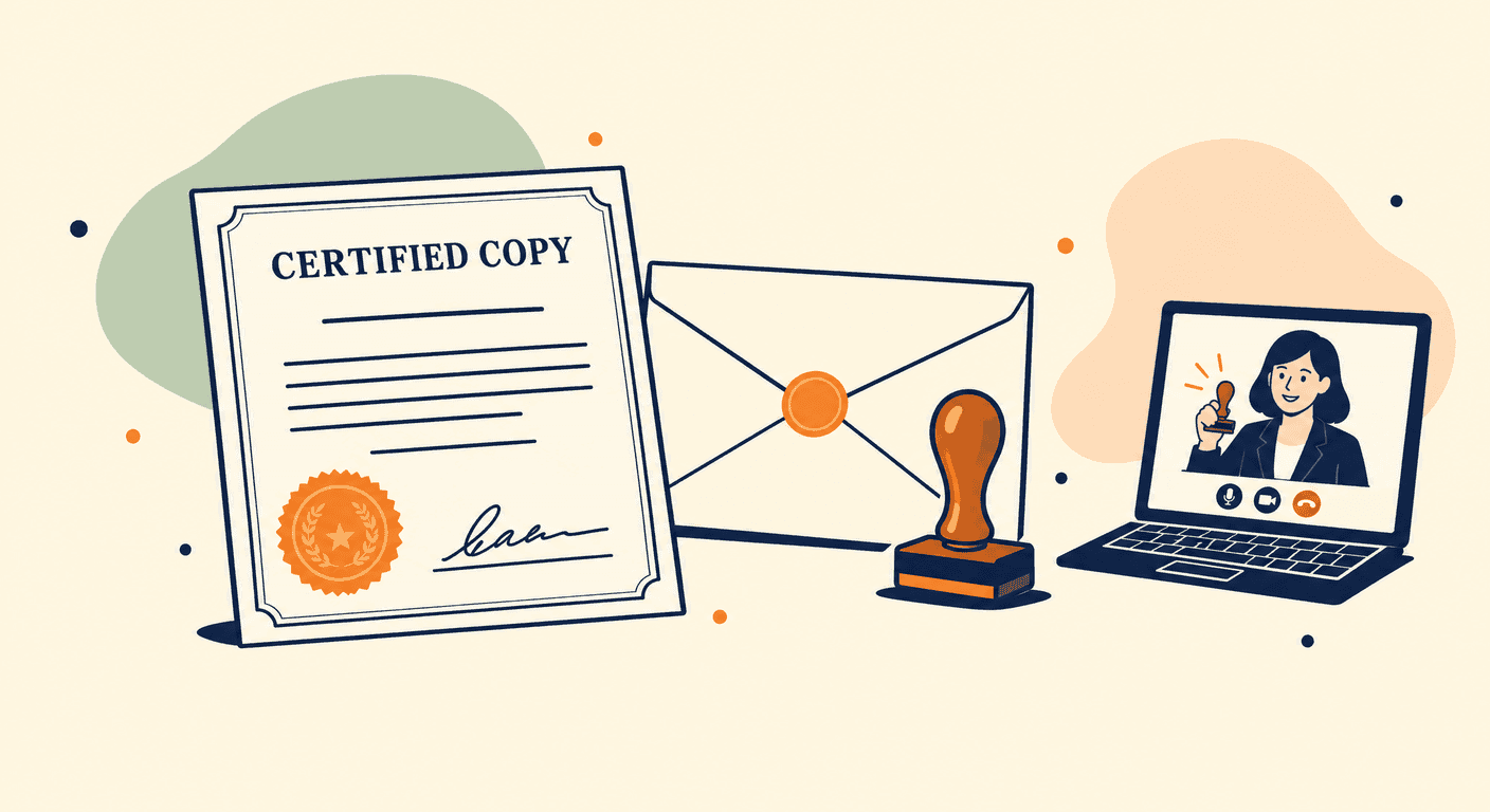 A certified copy of a birth certificate with a seal, next to an envelope, a notary stamp and a laptop showing a notary on a video call