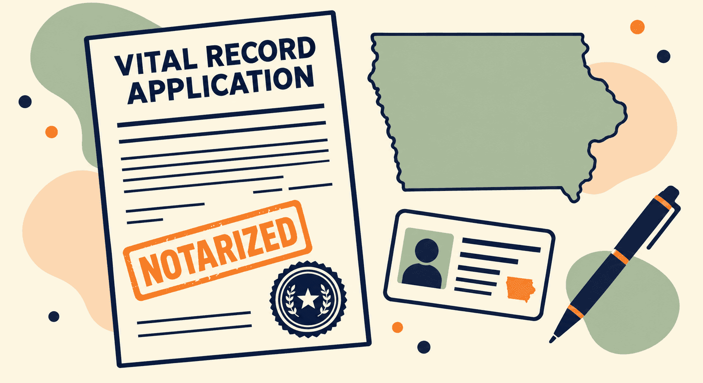 An Iowa vital record application stamped notarized, with an ID card and the outline of Iowa