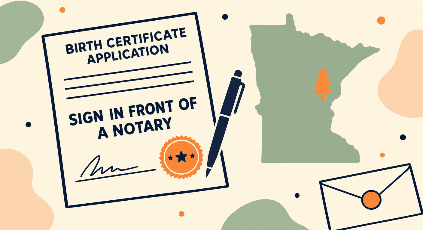 A Minnesota birth certificate application with the instruction to sign in front of a notary, a seal and the outline of the state