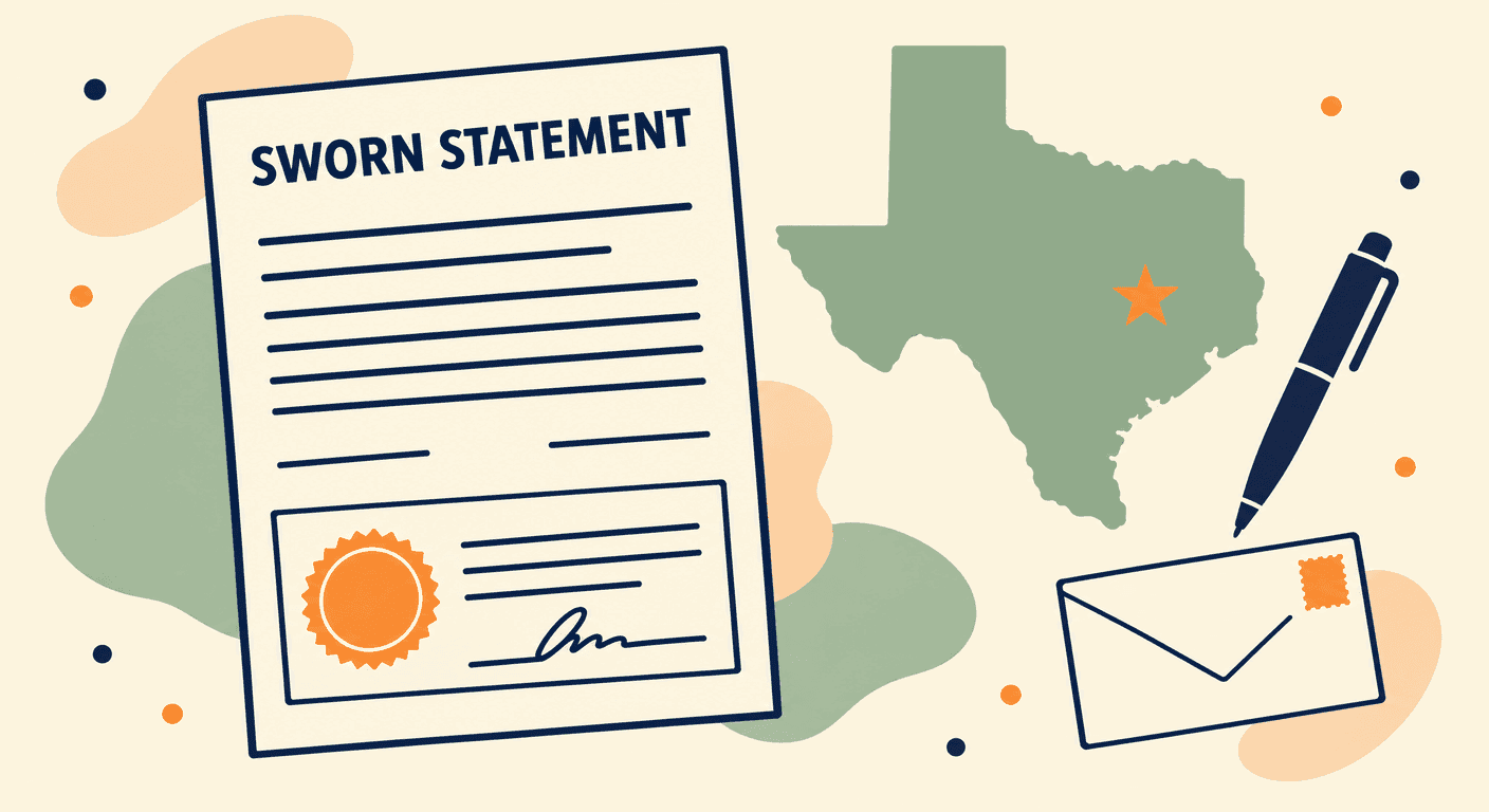 A Texas Sworn Statement form with a notary acknowledgment block and seal, next to the outline of Texas