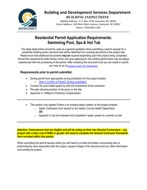 Residential Pool, Spa, and Hot Tub Permit Requirements, Gaston County form, first page
