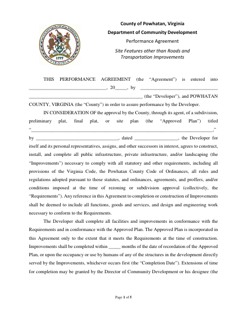 Site Features Performance Agreement, Powhatan County form, first page