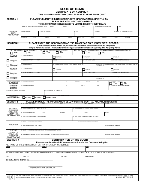 Certificate of Adoption and Mail Application for Birth and Death Records, Brooks County form, first page
