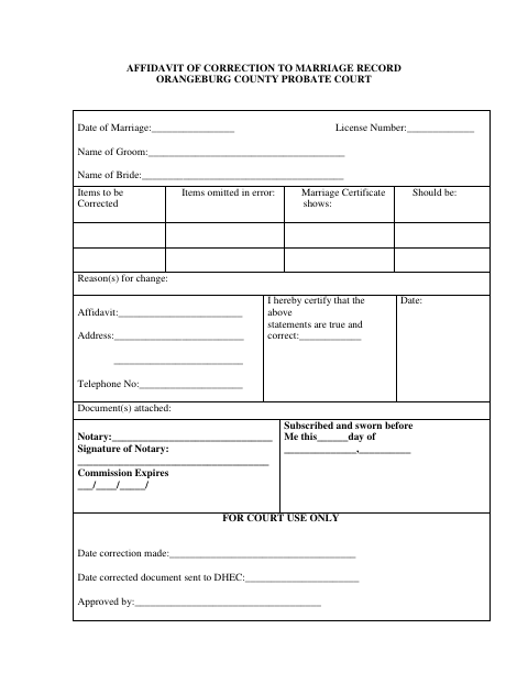 Affidavit of Correction to Marriage Record, Orangeburg County form, first page