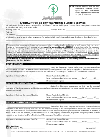 First page of the Affidavit for 30-Day Temporary Electric Service
