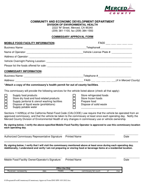 First page of the Commissary Approval Form