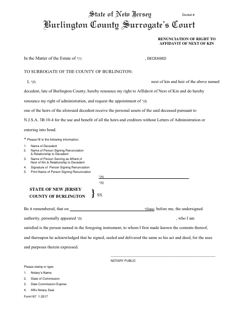 Renunciation of Right to Affidavit of Next of Kin, Burlington County form, first page