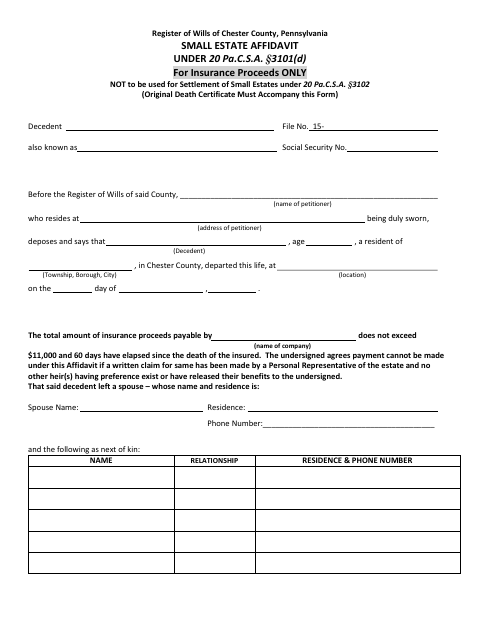 Small Estate Affidavit, Chester County form, first page