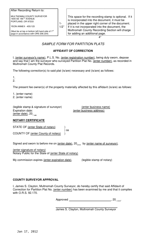 Affidavit of Correction for Partition Plats, Multnomah County form, first page