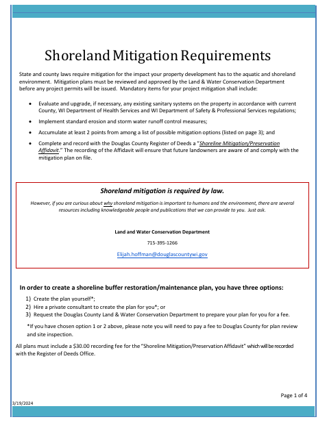 Shoreland Mitigation Application and Plan, Douglas County form, first page