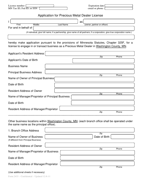Application for Precious Metal Dealer License, Washington County form, first page