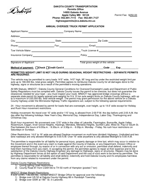 First page of the Annual Oversize Truck Permit Application