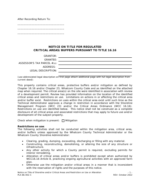 Notice on Title for Regulated Critical Areas and Buffers, Whatcom County form, first page