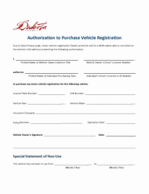 First page of the Authorization to Purchase Vehicle Registration