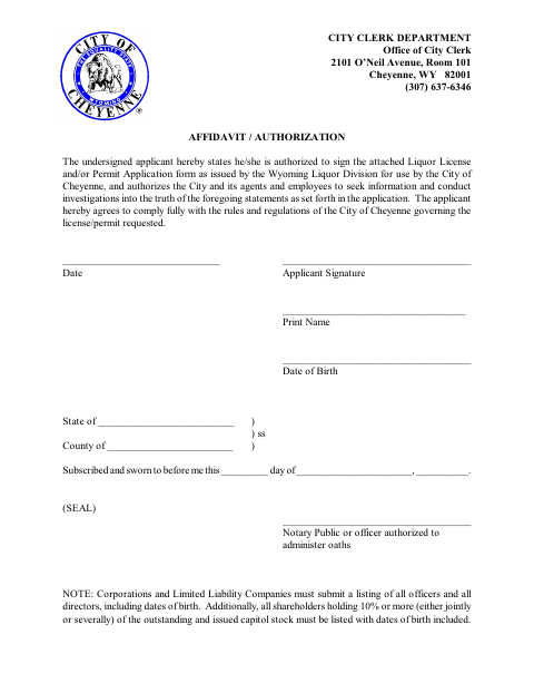 First page of the Liquor License Application Affidavit and Authorization