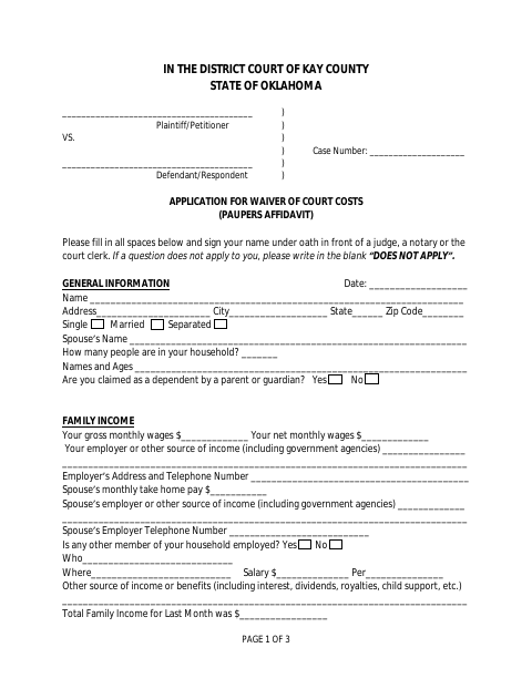 Application for Waiver of Court Costs, Kay County form, first page