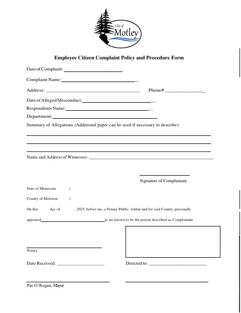 First page of the Employee Citizen Complaint Policy and Procedure Form
