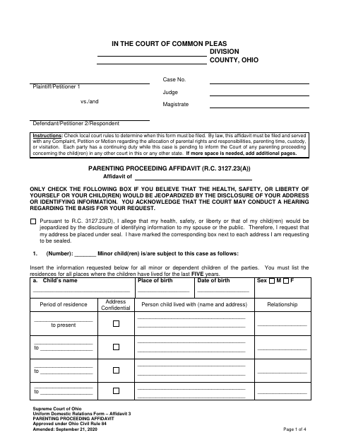 Parenting Proceeding Affidavit, Knox County form, first page