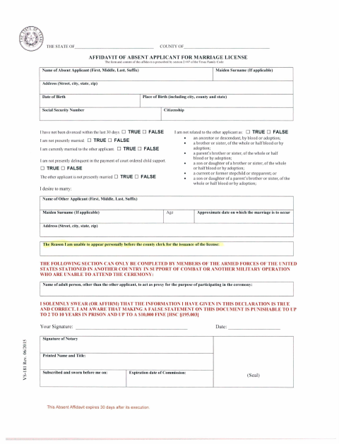 Affidavit of Absent Applicant for Marriage License, Val Verde County form, first page