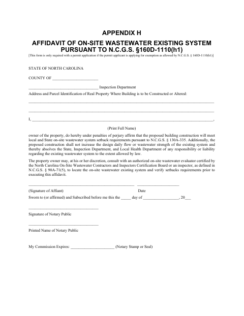 Affidavit of On-Site Wastewater Existing System, Pasquotank County form, first page
