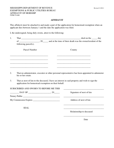 Affidavit of Heirship, Marion County form, first page