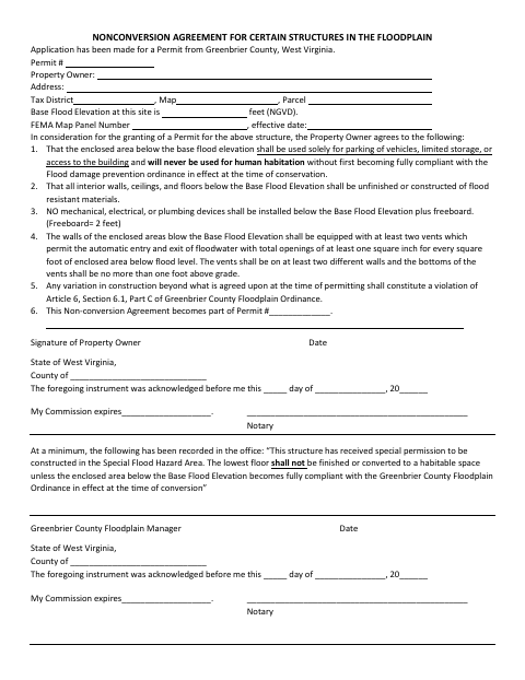 Nonconversion Agreement for Certain Structures in the Floodplain, Greenbrier County form, first page