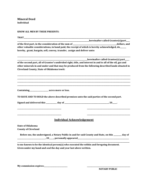 Mineral Deed for Individual, Cleveland County form, first page
