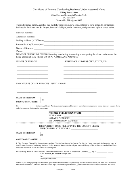 Certificate of Persons Conducting Business Under Assumed Name, St. Joseph County form, first page