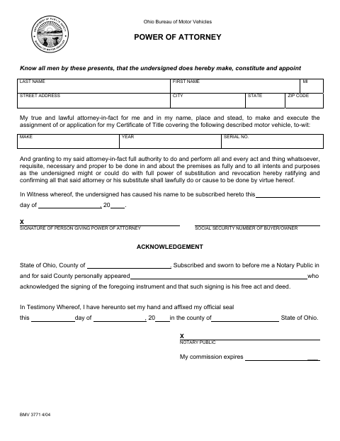 Power of Attorney, Erie County form, first page