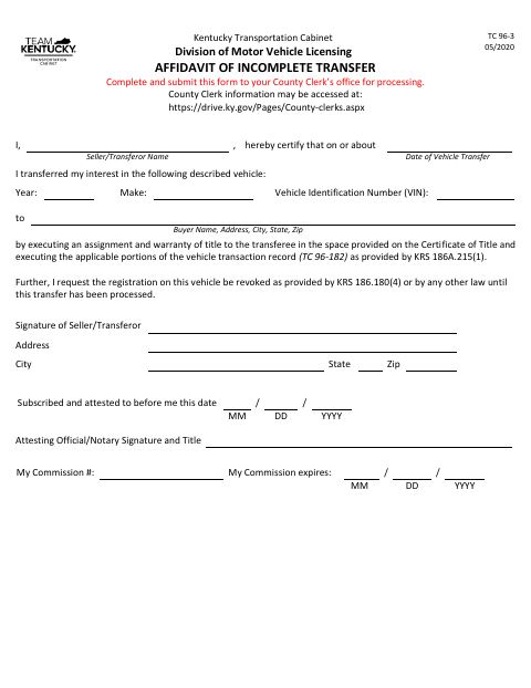 TC 96-3 Affidavit of Incomplete Transfer first page
