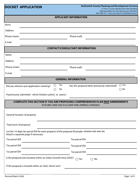 Docket Application, Snohomish County form, first page
